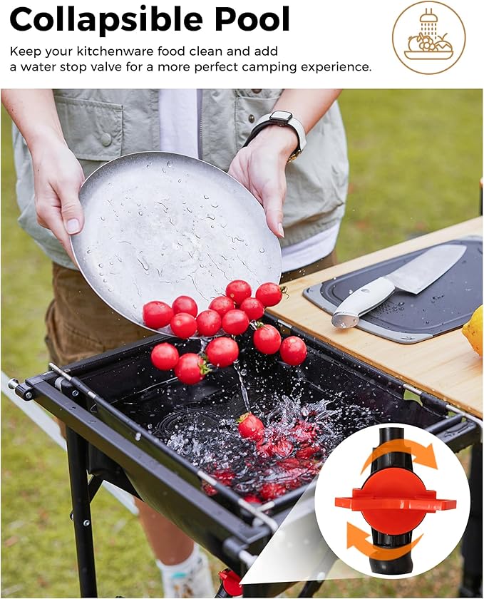 KingCamp Bamboo Camp Kitchen Station Folding Overland Camping Kitchen Table Hooks Portable Outdoor Cooking with Adjustable Lantern Pole &amp Windshield Storage Organizer for Tailgating BBQ Picnic RV