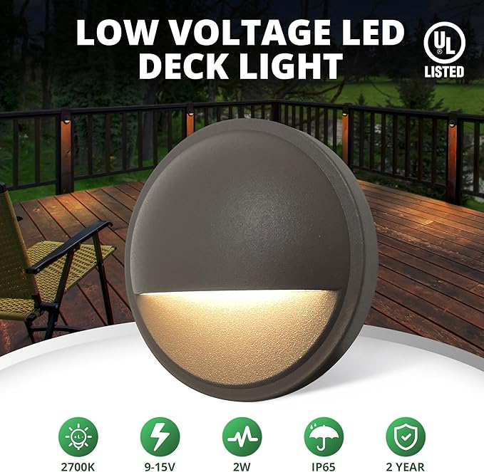 GKOLED Low Voltage LED Deck Lights 12V AC/DC Landscape Step Railing Fence Light 2W 2700K Accent Lighting Fixture Die-cast Aluminum Dark Brown 6-Pack