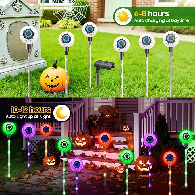 2025 Upgraded 12 Pack Halloween Solar Eyeball Lights Outdoor Decorations: 8 Modes Multicolor Waterproof Halloween Pathway Lights Orange Purple Green Colorful LED Scary Light for Garden Yard Decor