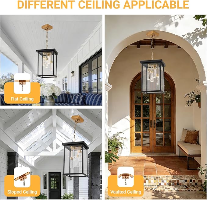 LOUSACE Modern LED Outdoor Pendant Light Black &amp Brass 4 Lights Large Exterior Hanging Light Fixtures 5CCT Dimmable LED Outdoor Chandelier Pendant Lantern with Clear Glass for Front Porch Entranc