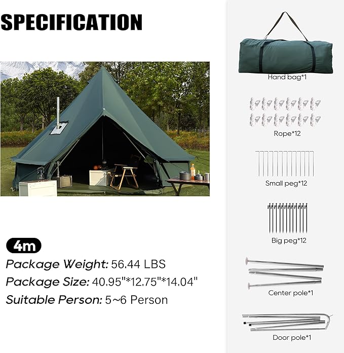 Luxury Cotton Bell Tent Yurt Canvas Tent with Stove Jack 4/6/8 Person Family 4 Season Camping