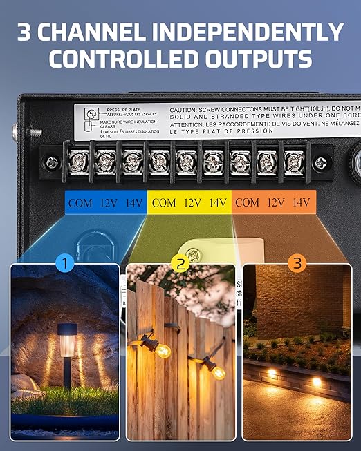DEWENWILS 200W Matter Low Voltage Landscape Transformer WiFi Landscape Lighting Transformer with 3 Independent Outputs 120V AC to 12V/14V AC Compatible with Alexa Google Assistant