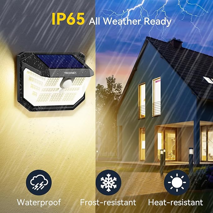TECKNET 231 LED Motion Sensor Outdoor Lights 6 Pack 300° Solar Security Wall Lights 3 Lighting Modes IP65 Waterproof PIR Motion Sensor for Outside Fence Garden Yard Deck Garage - Warm White