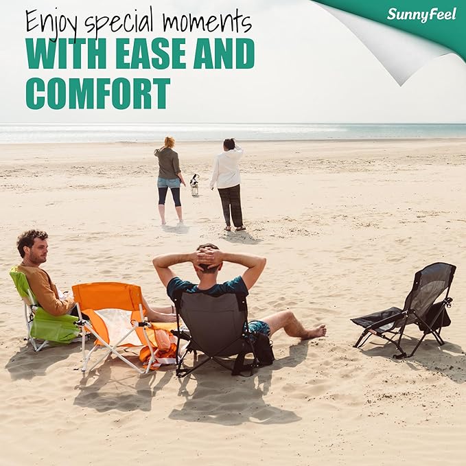 SUNNYFEEL Low Folding Beach Chair for Adults Portable Lightweight Sling Beach Camping Chairs with Cup Holder ArmrestFoldable Camp Lawn Chair for Outdoor Sand Concert Travel Sport Events300LBS