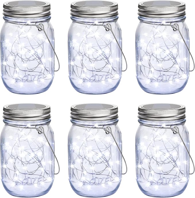 Mlambert Mason Jar Solar Lights 30 LEDs 6 Pack Hanging Solar Lanterns Outdoor Waterproof Fairy Lights Outdoor Lanterns for Patio Garden Cool White