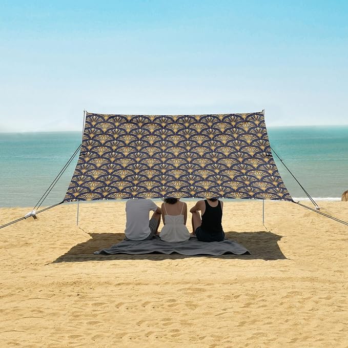 ALAZA Abstract Gold Fans Beach Tent Sun Shelter UPF50+ Protection Beach Shade Canopy w/ 4 Sandbags for Outdoor Camping Fishing Backyard Fun Picnic 10x9 ft