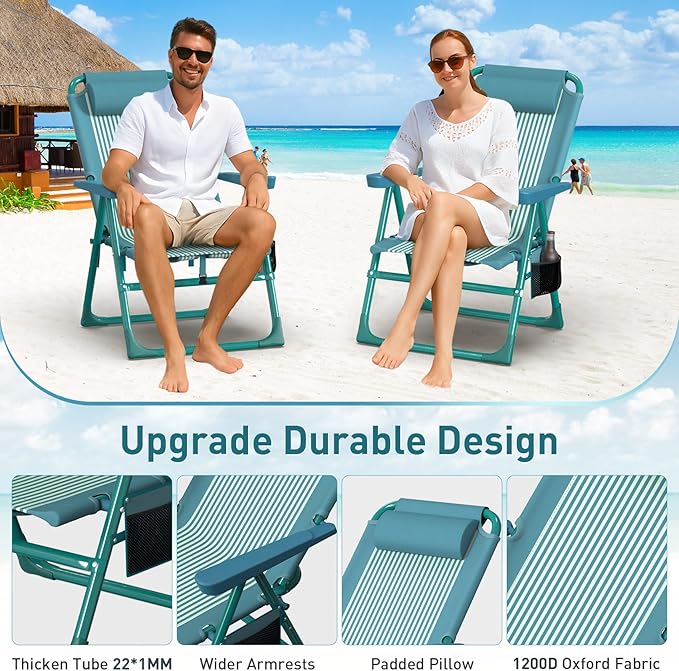 Suteck Backpack Beach Chairs for Adults 2 Pack 6-Position Folding Reclining Chair with Cooler Bag &amp Cup Holder Lightweight Portable Beach Chair for Camping Outdoor Sand Travel Use