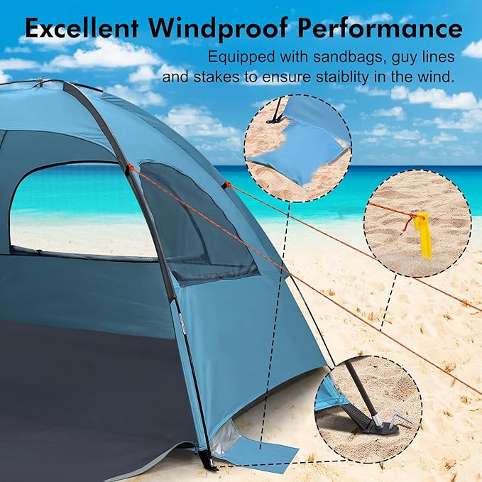 WhiteFang Beach Tent Anti-UV Portable Sun Shade Shelter for 3 Person Extendable Floor with 3 Ventilating Mesh Windows Plus Carrying Bag Stakes and Guy Lines (Blue)