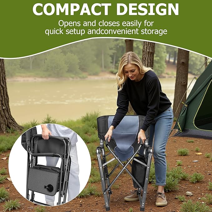 Camping Directors Chairs for Adults Heavy Duty with Table and Cooler Bag Oversized Portable Folding Chair for Beach Fishing Trip Picnic(Breathable Comfort Cushion Black)