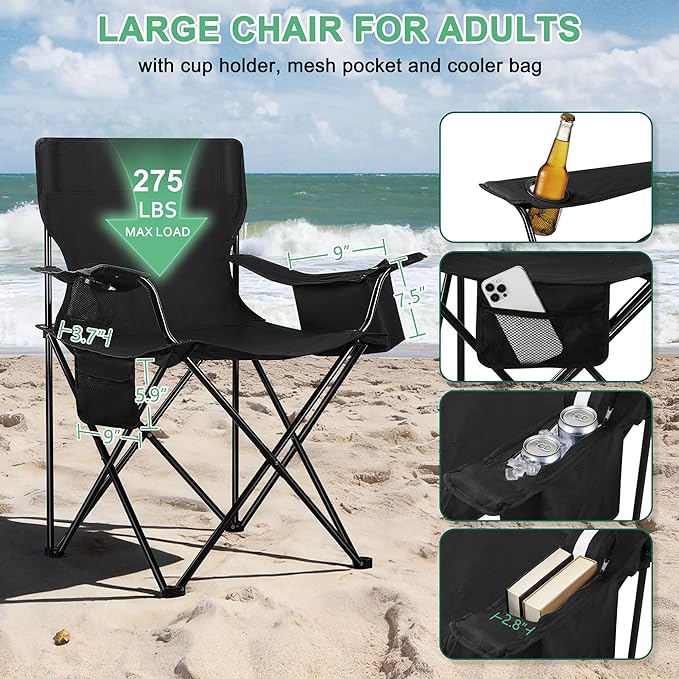 HaSteeL 2 Pack Camping Chair Large Folding Beach Chairs with Cooler Bag Cup Holder &amp Storage Pocket Portable for Outdoor Patio Picnic Lawn Hiking Fishing Travel Support 275 LBS (Black)