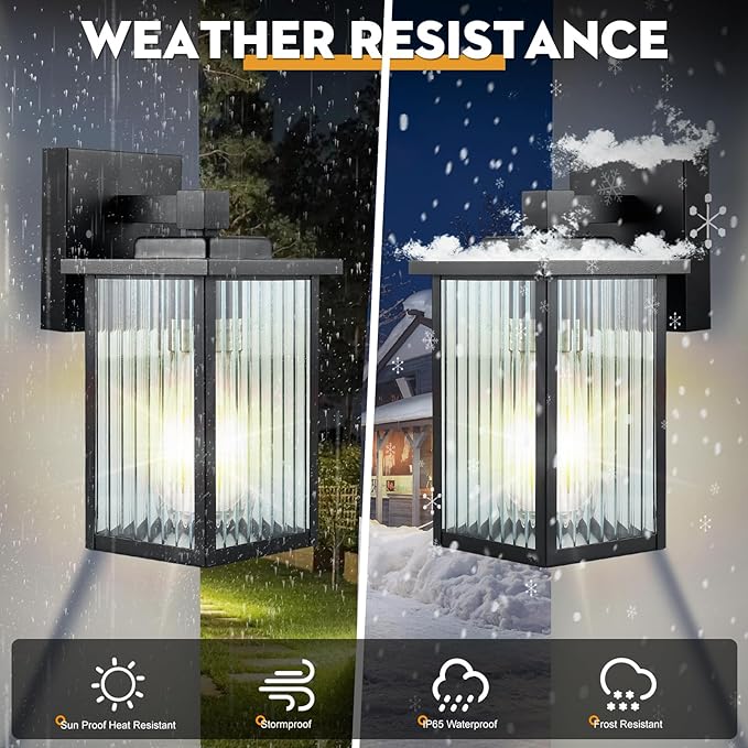 Outdoor Wall Lights for House Exterior - IP65 Waterproof Porch Lights with Textured Glass &amp Matte Black Metal Easy Install Exterior Lighting Fixtures for Garage Front Door