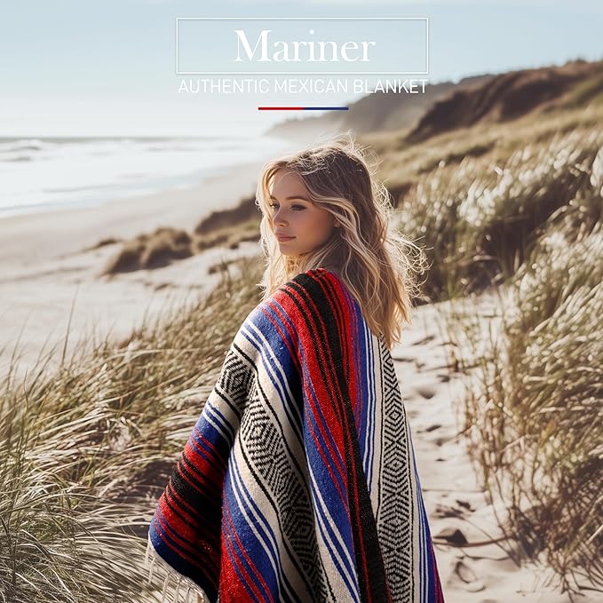 Hydration Nation Authentic Large Handwoven Mexican Striped Throw Blanket - Soft Durable Eco-Friendly - 70x50 - Mariner