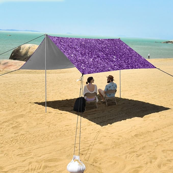 Purple Glitter Texture Beach Tent Sun Shelter 9.2' x 10.5' Beach Canopy with 4 Sandbags 4 Stability Poles Sand Shovels - Tent Canopy for Beach Camping Fishing Picnics