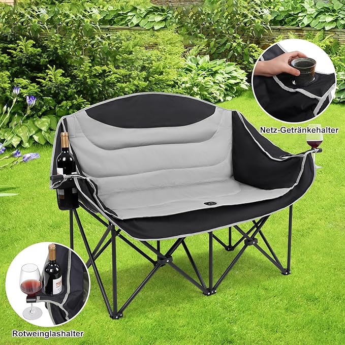 Outdoor Fully Padded Double Camping ChairBeach Folding Loveseat Camping Couch Double Duo Chair Patio Heavy Duty Quad Fold Chair Arm Chair with Cup Hold