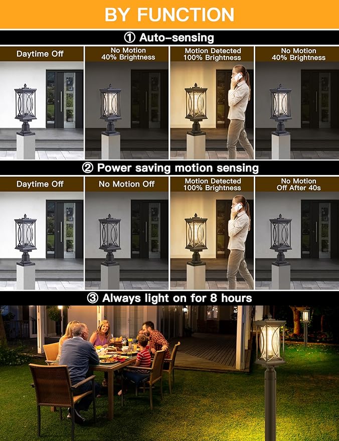 Motion Outdoor Post Lantern Dusk to Dawn Pillar Lamp with 3 Inch Pier Mount Adapter Black Pole Light Aluminum with Crackle Glass Motion Outdoor Post Lights for Patio Yard Garden Pathway