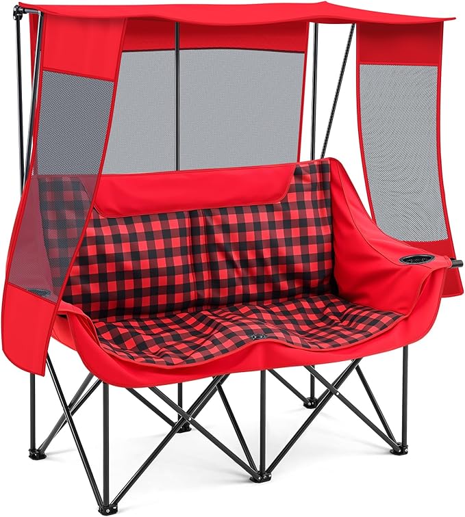 Double Camping Chair with Canopy Shade 660lbs Heavy Duty Beach Chair Portable Folding 2 Person Camping Loveseat with Cup Holder and Storage Bag for Lawn Beach Outdoor Sport(Red Plaid)