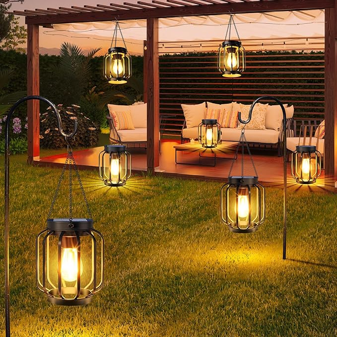 Solar Lanterns Outdoor Waterproof 4 Pack 14.37'' Metal Hanging Solar Lights for Outside with Auto On/Off &amp Hook - Brighter Hanging Outdoor Lanterns Decorative Lighting for Garden Patio Yard
