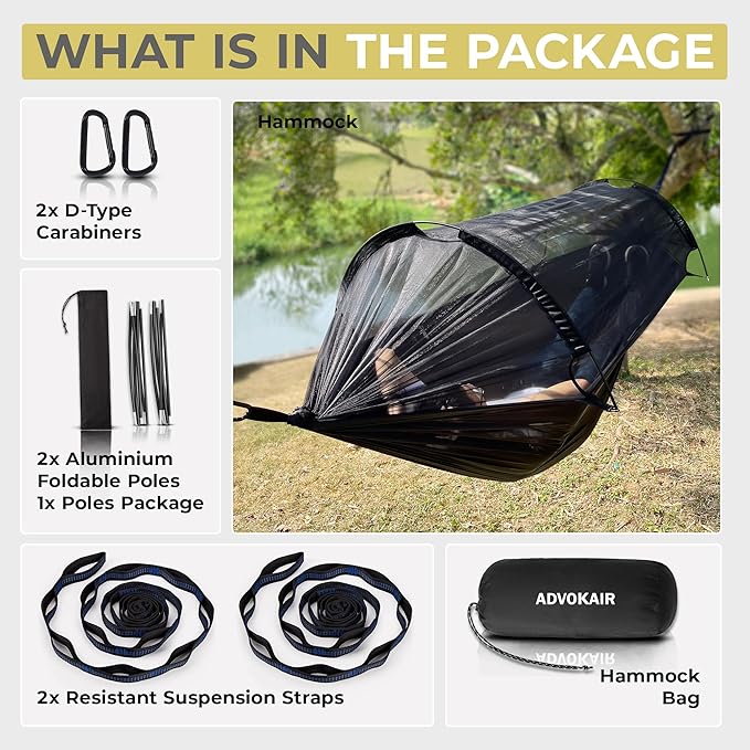 ADVOKAIR Camping Hammock with Mosquito Net Up to 500lbs Ultralight and Portable Nylon Travel Hanging Hammock with Tree Straps Perfect for Outside Backpacking Hiking and Backyard