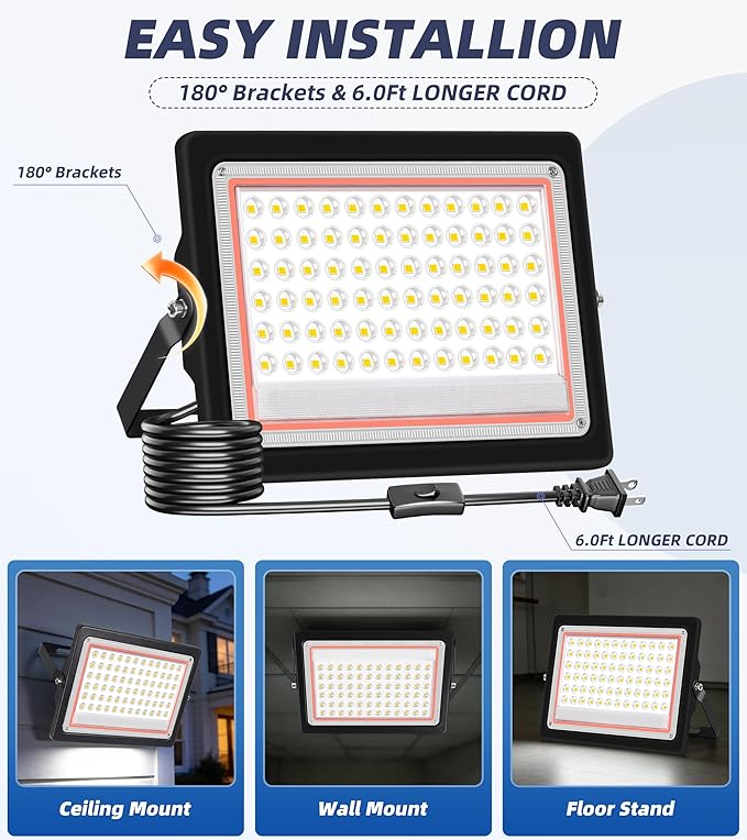 60W Flood Light Outdoor with Plug 7200LM Exterior Security Lights with 6ft Cable 5000K Daylight White LED Work Light IP66 Waterproof Exterior Floodlight for Yard Garage Stadium Garden patio 2 Pack