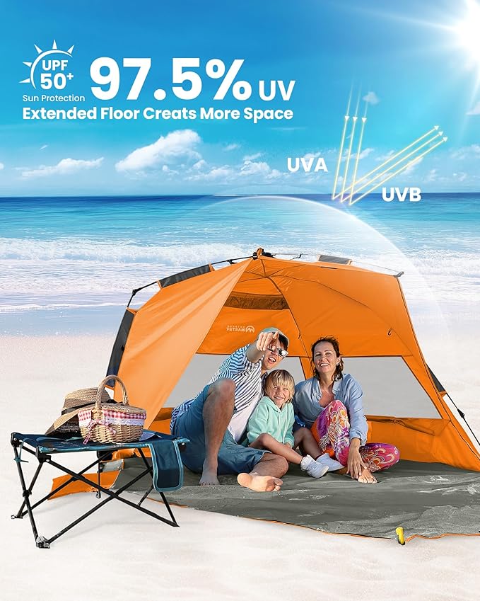 OutdoorMaster Beach Tent Sun Shelter for 3-4 Person Pop Up Beach Tent Easy Setup with Sandbags Portable Sun Shade Canopy with Carrying Bag for Beach &amp Outdoor UPF50+ UV Protection Family Size