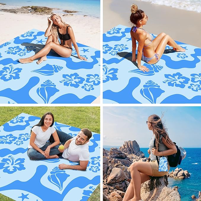 Beach Blanket Waterproof Sandproof 78”x 86” Large Sand Free Beach Mat with 4 Stakes &amp Portable Bag Big Flodable Compact Outdoor Picnic Blanket