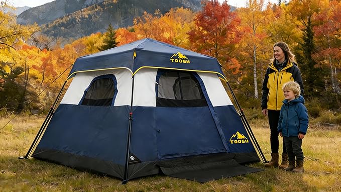 3/4 Person Camping Tent with 1 Door 4 Windows and Upgraded Ventilation– Instant Setup Waterproof 8'x 8'x 67''Oxford Fabric Floor Pop Up in 60 Seconds Includes Rainfly and Backpack