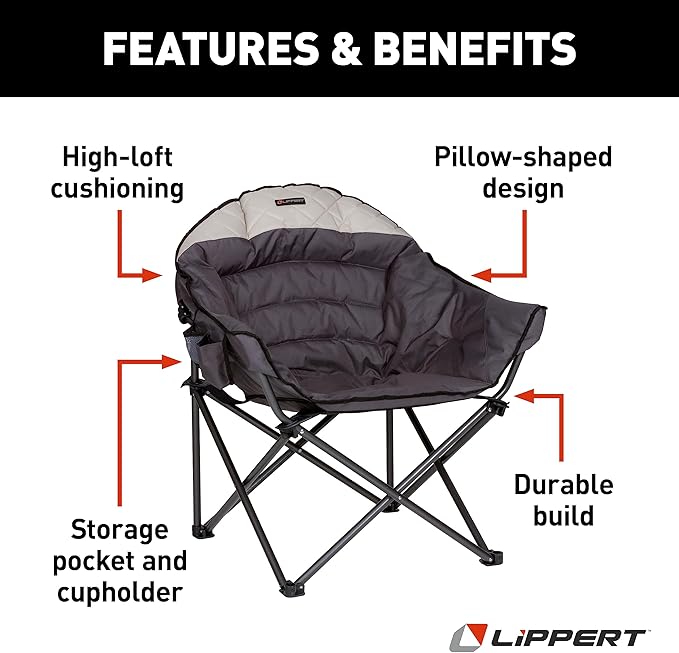 Lippert Big Bear Duotone Camping Chair - Dark Grey with Sand Accent Comfortable Round Shape Oversized Pillow Cushions Powder Coated Steel 600D Polyester Fabric 300 lb. Capacity 2022114817