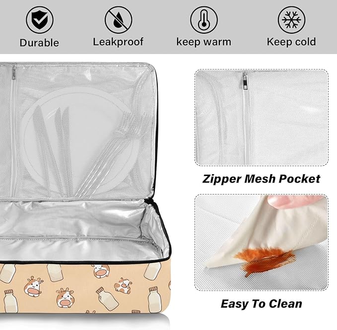 Casserole Carrier Cute Cow Milk Bottle PatternInsulated Casserole Carrier for Hot or Cold Food Thermal Lunch Tote for Potluck Parties Picnic Beach Fits 9 x 13 Inches Baking Dish