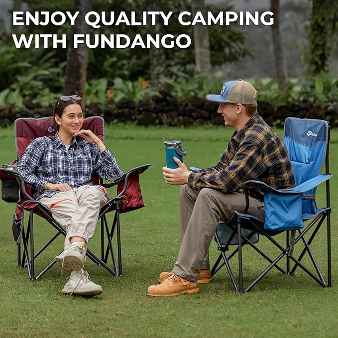 FUNDANGO Oversized Camping Chairs for Adults Heavy Duty Fold Up Sports Games Lawn Chairs Extra Wide Big Man Outdoor Chairs with Padded Lumbar Support Backrest Bag Included for Camp Beach 2 Pack