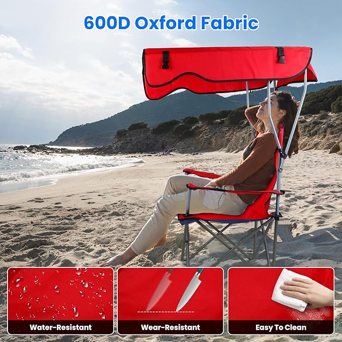 Camping Chair with CanopyOutdoor Folding Chair with Adjustable Shade &amp Cup Holder Heavy Duty Beach Chair for Adult Portable Camping Recliner Support 334 LBS
