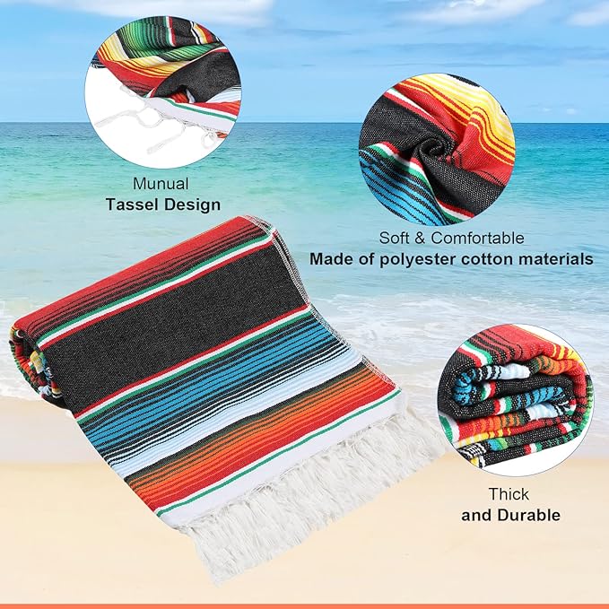 Tudomro 4 PCS Large Authentic Mexican Blankets Colorful Mexican Striped Throw Blankets Serape Fiesta Beach Fringe Yoga for Home Office Camping Picnic (Bright)