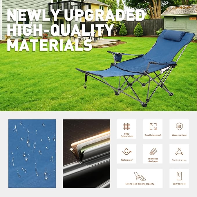 Reclining Folding Camping Chair with Removabel Footrest Adjustable Folde Camping Chair with Foot Rest Camp Lounge Outdoor Beach Chair Oxford Fabric Reclining Design with Pillow Cup Holder Blue