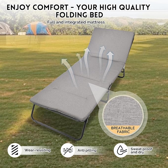 Folding Camping Cot for Adults 5-Angle Adjustable Camping Cot Heavy Duty Outdoor Bed with Carry Bag1200 D Layer Oxford Travel Camp Cots (Grey)