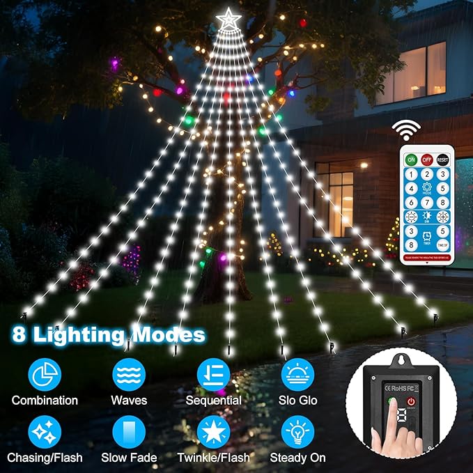 Solar Christmas Decorations Tree Lights Outdoor 18.37ft 532LED Waterfall String Lights with 8 Modes Timer Remote Xmas Lights USB Powered for Garden Yard Patio Home Holiday Party Decor Pure White