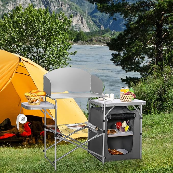 Giantex Folding Grill Table with 26'' Tabletop and Detachable Windscreen Aluminum Portable Camp Cook Station Carry Bag Quick Set-up BBQ Camping Picnic Backyard Outdoor Camping Kitchen Table (Grey)