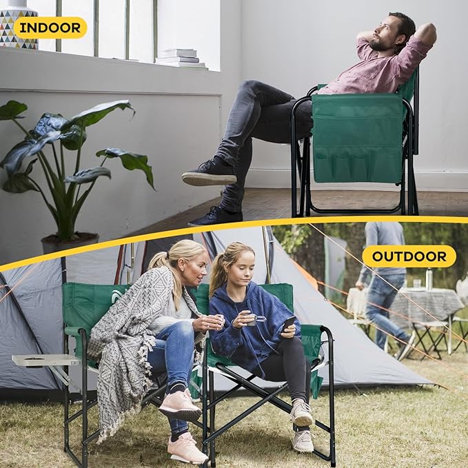 NAIZEA Heated Director Chair-Heated Camping Chair for Adult Oversized Outdoor Chairs with Side Table Pockets Makeup Folding Chairs Supports 550lbs(Power Bank Not Included)