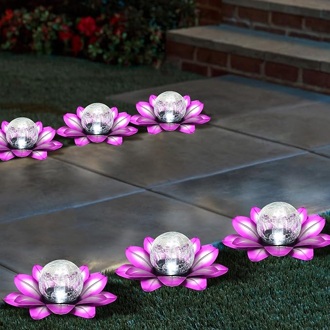 LEWIS&ampWAYNE Solar Garden Lights Outdoor 3 Pcs Purple Lotus Flower Pathway Lamps with Cool White Crackle Glass Globe Led Lights for Patio Pathway Yard Balcony Garden Decorations