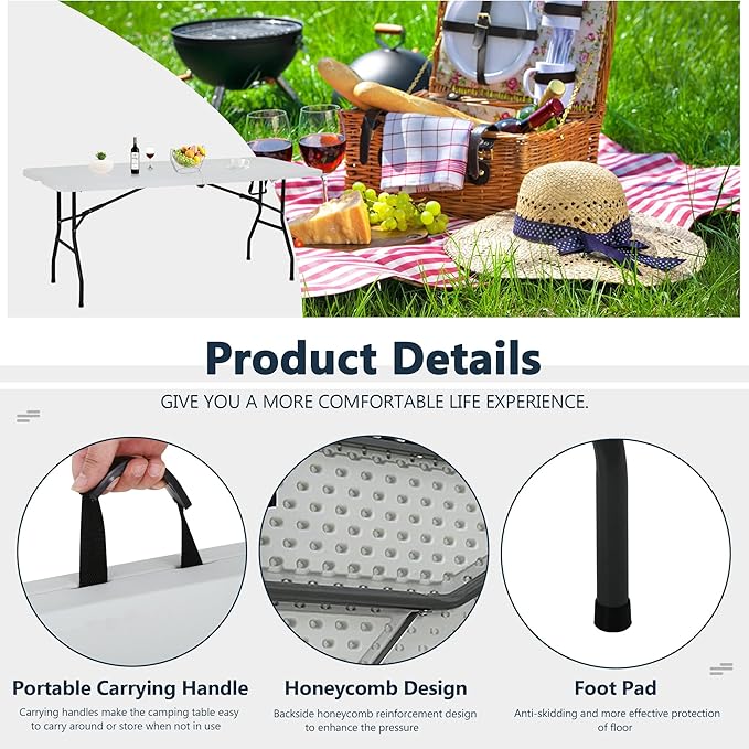 6 Ft White Folding Table Portable Table Camping Table Outdoor Collapsible Dinner Table Outdoor Tables for Patio Yard Wedding Party Cocktail Display