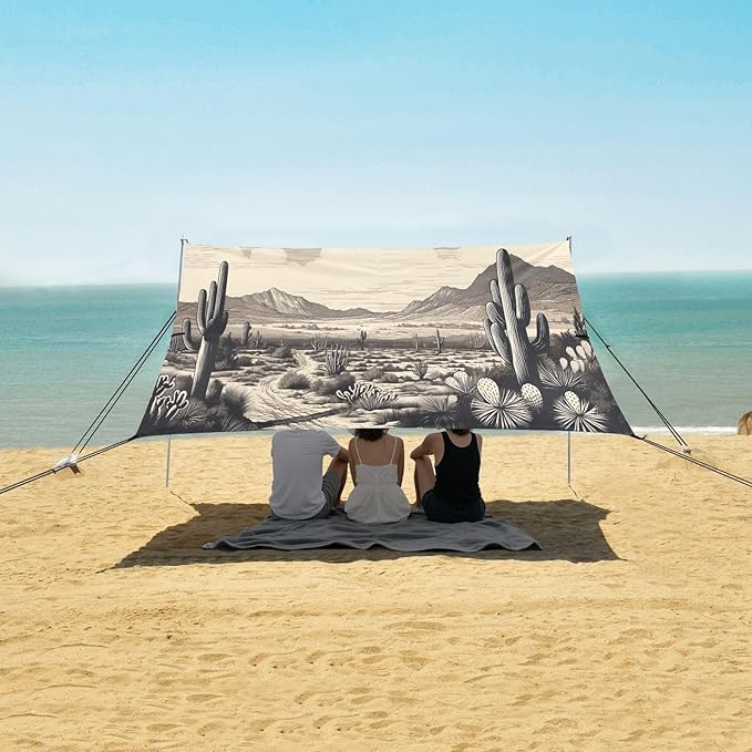 Cactus Desert Pattern Beach Tent Sun Shelter 9.2' x 10.5' Beach Canopy with 4 Sandbags 4 Stability Poles Sand Shovels - Tent Canopy for Beach Camping Fishing Picnics