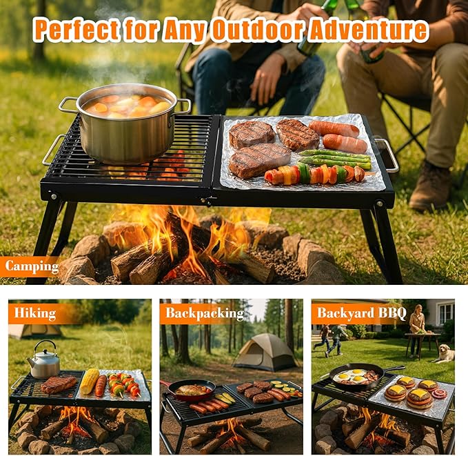 Folding Campfire GrillEnameled Coating Grate Heavy Duty Camp Grill Grate Portable Camping Grates Over Fire Pit Campfire Grill Cooking Equipment with Carrying Bag for Outdoor Cooking