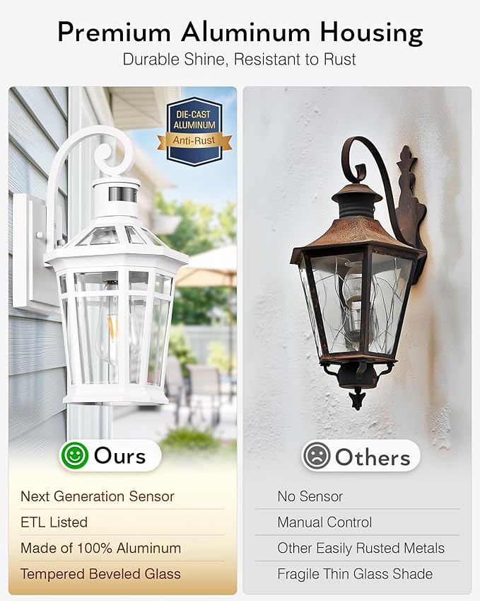 Motion Sensor Outdoor Wall Lantern White Outdoor Lighting Fixtures Wall Mount Dusk to Dawn Exterior Sconce Lights with Beveled Glass Waterproof Exterior Front Porch Lights for Garage Coach