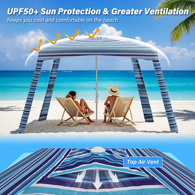 Beach Cabana-6.6x6.6’Beach Canopy with Side WallPortable Umbrella Tent with Sand Pockets for Family &amp FriendsEasy Up Beach Sun Shelter for Outdoor PatiosBackyardsand CampingStripe