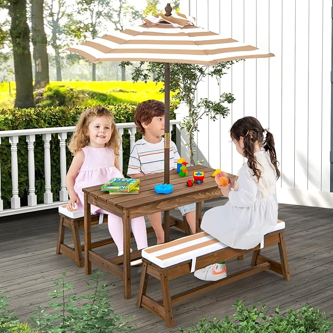 2-in-1 Kids Picnic Table Wooden Kids Outdoor Tables with Removable Umbrella &amp Cushions Fits 4 Children Indoor Outdoor Toddler Picnic Table for Backyard Lawn &amp Patio (Coffee)