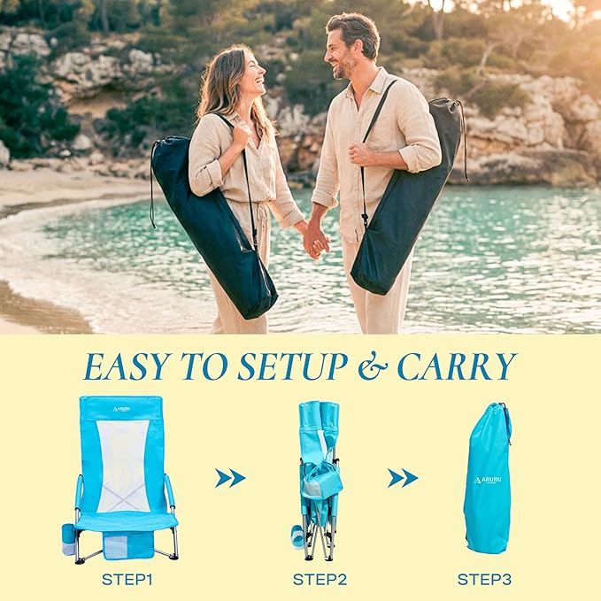 Low Beach Chairs for Adults 2 Pack High BackFolding Portable Sling Beach Camping Chair with Cup HolderLightweight Foldable Camp Lawn Chair for Outdoor Sand Concert Travel Sport Events
