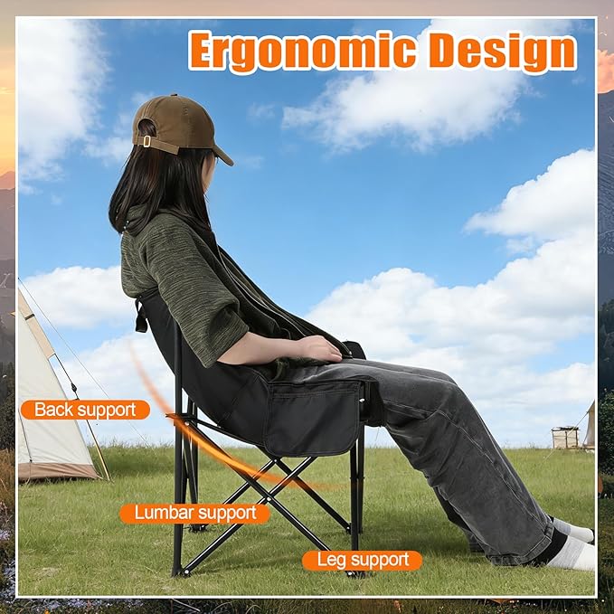 Redbaker 4 Pack Padded Camping Chairs for Adults Oversized Heavy Duty Folding Lawn Chair 400 Lbs Support with Carry Bag for Outdoor Camping Beach Fishing Patio Black