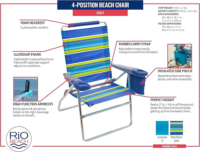 Rio Beach 2-Pack 17 Extended Height 4-Position Folding Beach Chair Blue/White