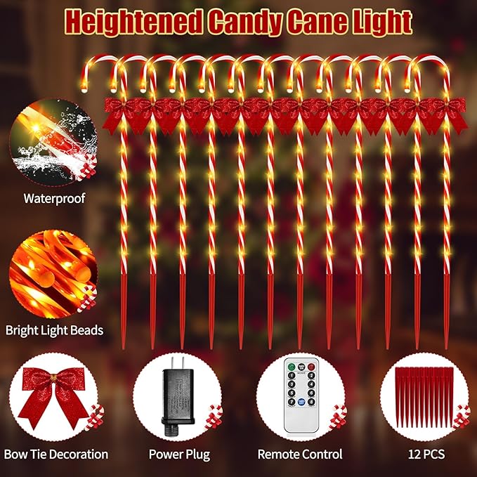 Christmas Candy Cane Pathway Lights 24PCS 240 LED Christmas Lights Outdoor Decorations with Red Bow Waterproof 8 Modes Timer Remote Walkway for Xmas Home Yard Lawn Patio Decor