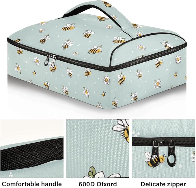 Casserole Carrier Cute Cartoon Small BeesInsulated Casserole Carrier for Hot or Cold Food Thermal Lunch Tote for Potluck Parties Picnic Beach Fits 9 x 13 Inches Baking Dish