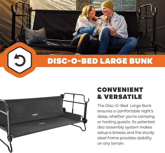 Disc-O-Bed Large Outdoor Convertible 2 Person Bench and Double Camping Cot Portable Bed Bunk System for Adults Black