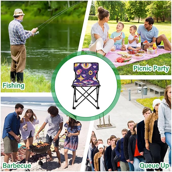 Cartoon Mystery Purple Eyes Folding Foldable Chairs Indoor Lightweight Beach Chair Backpack with Carrying Bag Lawn Chairs for Adults Heavy Duty for Hiking Lawn